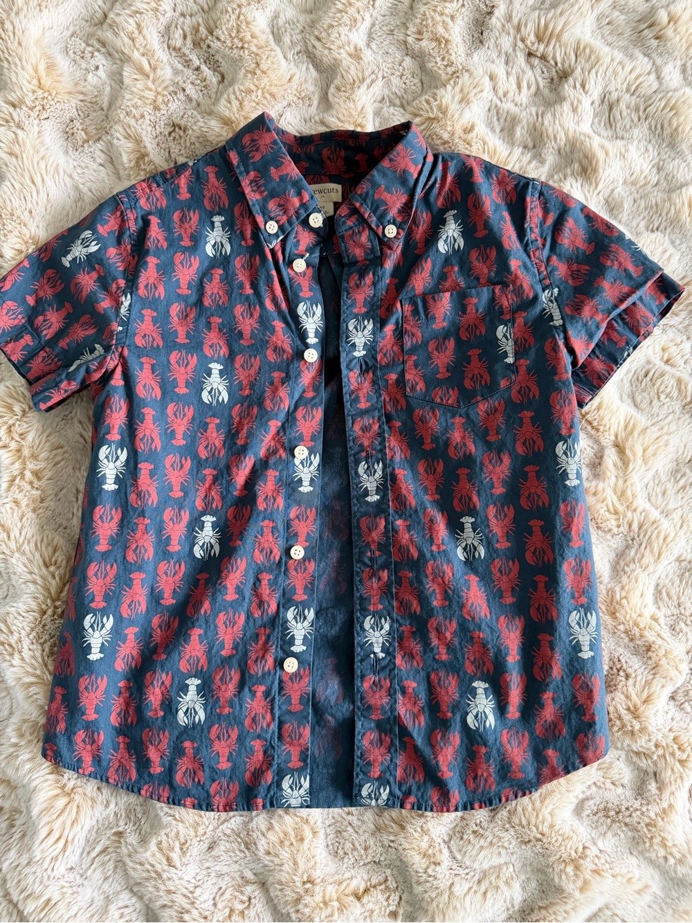 Crewcuts Navy Blue Short Sleeve Button-Down Shirt with Red & White Lobster Print
